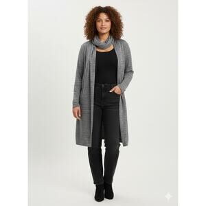 EUC Women's Misook Open Cardigan with Scarf Gray Black Size 2X